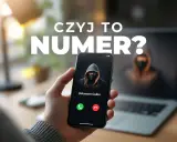 Czyj to numer? Na ekranie telefonu wyświetla się nieznany dzwoniący, a w tle sylwetka hakera.
