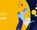 Kobieta podlewa drzewko z monetami bitcoin, symbolizując wzrost i pozytywne prognozy bitcoin.