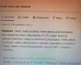 Szukasz informacji, ile kcal ma babeczka Wedel? Na ekranie widać składniki tej słodkości: cukier, mąka, krem czekoladowy.