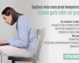 Kobieta zgarbiona nad laptopem, z wysuniętą głową. Tekst ostrzega przed "wdowim garbem" spowodowanym długim siedzeniem przy komputerze.