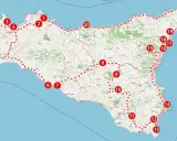 Mapa Sycylii z zaznaczonymi trasami i punktami, w tym lotniska. Punkty od 1 do 20 oznaczają miejsca do odwiedzenia.