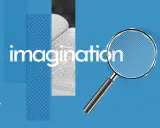Loupe examinant le mot "imagination" sur un livre ouvert, un palmier en bas à gauche. Un synonyme d'imagination.