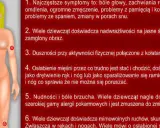 Ilustracja przedstawia schematyczne ciało kobiety z zaznaczonymi punktami, opisującymi potencjalne skutki uboczne po szczepieniu HPV: bóle głowy, omdlenia, problemy z koncentracją, nadwrażliwość na światło, duszności, osłabienie mięśni, nudności, alerg...