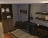 Przytulna kuchnia w stylu rustykalnym, idealna do gry The Sims 4. Drewniane meble, piec kaflowy i domowe dodatki tworzą ciepłą atmosferę.