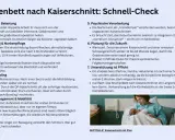Eine Mutter hält ihr Neugeborenes im Arm. Der Text thematisiert das Wochenbett nach Kaiserschnitt und die damit verbundenen **Hormone nach Geburt**.