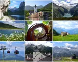 Malownicze **austria widoki**: jezioro, miasteczko, góry, krowa na łące, kolejka linowa, zamek i spiralne schody.