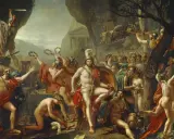 Krieger und Bürger feiern Siege. Ein Mann mit Lorbeerkranz, wie ein Gesetzgeber Spartas, hält ein Schwert.