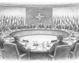 Eine Gruppe von Staatsmännern sitzt an einem runden Tisch, umgeben von Flaggen, und diskutiert über die Zukunft, vielleicht über die Abwehr von **Imperialismus**.