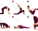Frau in lila Kleidung übt Yoga-Posen, um die autochthone Muskulatur zu trainieren. Sechs nummerierte Übungen für Flexibilität und Kraft.