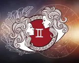 Dwie twarze symbolizujące panna znak zodiaku, otoczone kryształami i kołem zodiaku.