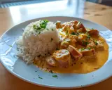En portion krämig korvstroganoff med ris, toppad med färsk persilja. En klassisk svensk rätt som värmer själen.