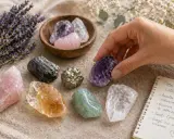 Mano sceglie un cristallo viola, circondato da quarzi di vari colori e lavanda. Il quarzo ha un profondo significato spirituale.