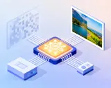 Procesamiento de datos para poner fondo negro a una foto. Un chip de IA procesa información de un código QR y genera una imagen con paisajes.