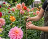 Un jardinier attache une tige de dahlia en pot. Des fleurs aux couleurs vives, roses, oranges et rouges, parsèment le parterre.