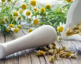 Mörser mit getrockneten Kamillenblüten und frischen Kamillenblumen im Hintergrund. Kamillentee bei Nierenschmerzen kann Linderung verschaffen.