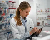 Farmaceutka w białym fartuchu notuje na tablicy, przygotowując receptę farmaceutyczną.