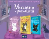 Książki o kotach z serii "Muzeum z pazurkiem" Holly Webb. Trzy okładki z kotami i tytułami: "Zagadka po zmroku", "Klątwa faraona", "Nocny gość".