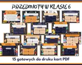 Przedmioty w klasie 6: język polski, matematyka, historia, geografia, biologia, technika, informatyka, wychowanie fizyczne, etyka, religia, języki obce.