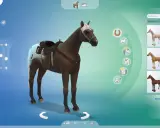 Tworzenie konia w The Sims 4. Widoczny ciemnobrązowy koń z jasną grzywą i plamami na zadzie, w siodle. Po prawej panel wyboru ras koni.
