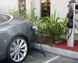 Coche eléctrico gris cargando en uno de los cargadores públicos. La estación tiene dos puntos de carga y está rodeada de vegetación.