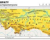 Mapa hipsometryczna **Karpat** **Polski** z zaznaczonymi pasmami górskimi, miastami i rzekami.