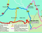 Mapa pokazuje, jak dojechać z Bukowiny Tatrzańskiej do Morskiego Oka. Dostępne są różne trasy, w tym objazdy i skróty.