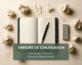 Un cahier ouvert avec un stylo, des boules de papier froissé et une gomme. Le texte indique "Erreurs de conjugaison", suggérant des pièges fréquents à éviter.