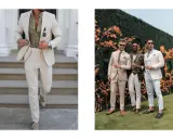 Men in light-colored suits showcase dressy casual wedding attire. One man wears a cream suit with a green shirt, while others sport tan suits and light trousers.