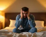 Uomo a letto con le mani sulle orecchie, sofferente per l'ansia da vicini rumorosi. La stanza è illuminata da luci soffuse.