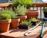 Plusieurs plants de thym en pot, prêts à être transplantés, sur un balcon ensoleillé. Des outils de jardinage sont à proximité.