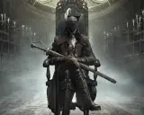 Postać w mrocznym stroju z mieczem siedzi na tronie. W tle świece i ozdobne meble. To kluczowy element bloodborne poradnik.