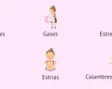 Ilustraciones de síntomas comunes del embarazo: reflujo, gases, estreñimiento, cloasma, estrías y calambres en las piernas. Semana 25.