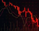 Wykres świecowy z czerwoną i żółtą linią, ilustrujący spadki na polskiej giełdzie kryptowalut.