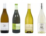 Quatre bouteilles de vins blancs : La Côte d'Heux, Domaine les Esquirots, Domaine de Miselle et Domaine Laffitte, tous des Côtes de Gascogne blanc sec ou moelleux.