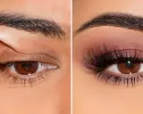 Trucco per palpebre cadenti: prima e dopo. L'occhio sinistro mostra l'applicazione della linea, il destro un look completo con ombretto e ciglia finte.