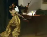 Un uomo in smoking bacia una donna in abito dorato, con un violino in mano, accanto a un pianoforte. L'atmosfera evoca la passione della sonata a Kreutzer.