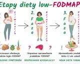 Grafika przedstawia 3 etapy diety low-FODMAP: eliminację, reintrodukcję i personalizację. Pomaga w łagodzeniu symptomów IBS.