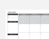 Calendrier de janvier avec sections pour les objectifs, les personnes à voir et les lieux à visiter. Une application agenda gratuite pour organiser votre mois.