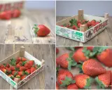 Cajas de madera con pintadas cajas de fresas decoradas, listas para ser disfrutadas. Frescura y sabor en cada detalle.