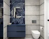Nowoczesna granatowa łazienka inspiracje: beton, marmur i elegancka szafka.