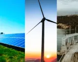 Solceller, vindkraftverk och ett vattenkraftverk visar hur vi kan kombinera solceller och vindkraft för en hållbar framtid.
