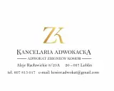 Logo kancelarii adwokackiej z inicjałami ZK, nazwa, dane kontaktowe i adres w Lublinie.