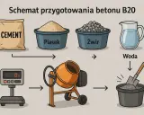 Schemat przygotowania betonu B20: cement, piasek, żwir i woda są ważone i mieszane w betoniarce.