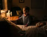 Mały chłopiec w piżamie stoi przy łóżku. Co zrobić, gdy dziecko nie wraca na noc do domu?