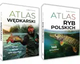 Dwie okładki atlasów wędkarskich: "Atlas Wędkarski" z wędkarzem i rybą oraz "Atlas Ryb Polskich" z pięknym szczupakiem, prezentujące różne rodzaje ryb.