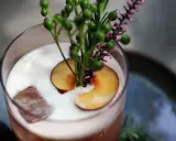 Ein erfrischender Campari Sour mit einer Scheibe Pflaume und zarten grünen Beeren, garniert mit Heidekraut.