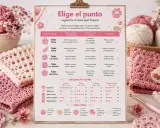 Guía visual de puntos bonitos para tejer, mostrando texturas y proyectos ideales. Incluye tabla comparativa y notas útiles.