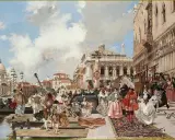 Scène de carnaval à Venise, inspirée par Théophile Gautier. Des personnages costumés déambulent sur un tapis, musique et architecture grandiose.
