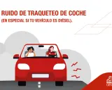 Dos mujeres en un coche rojo, una con las manos en las orejas por el ruido del motor. El texto indica "ruido coche en marcha".