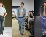 Modelle sfoggiano jeans a vita bassa: uno grigio oversize, uno cargo con giacca abbinata, e uno blu patchwork con pizzo.